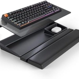 3 in 1 Keyboard Stand w/Wrist Rest and Storage Tray - Klearlook [Ultra Comfortable] PU Leather Wrist Pad & Acrylic Keyboard Riser, 16.9x7.3 inch Tilt Adjustable Computer Keyboard Stand Holder-Black