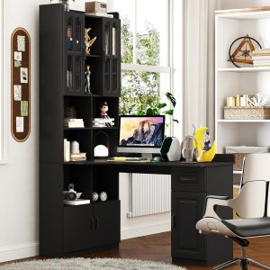 Black Corner Desk with Bookshelf, 2-in-1 L Shaped Desk with Hutch & Drawers, Home Office Desk with Shelves & Storage, Wooden Structure, Easy Assembly (Black)