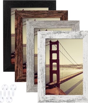 BAIJIALI 4×6 Picture Frame Distressed Farmhouse Wood Pattern Set of 4,Display 3.5×5 with Mat or 4×6 Without Mat,Multicolour