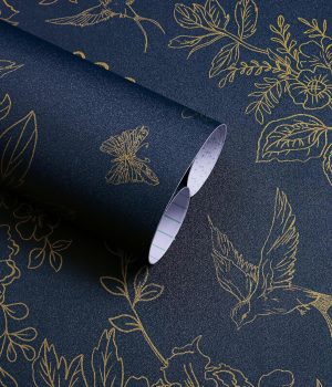Dark Blue and Gold Vintage Floral Peel and Stick Wallpaper 17.7″x118.1″ Dark Blue Floral Wallpaper Peel and Stick Removable Self Adhesive Wall Paper for Bathroom Bedroom Decorative Vinyl