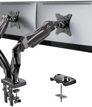 HUANUO Dual Monitor Stand – Full Adjustable Monitor Desk Mount Swivel Vesa Bracket with C Clamp, Grommet Mounting Base for 13 to 32 Inch Computer Screens – Each Arm Holds 4.4 to 19.8lbs
